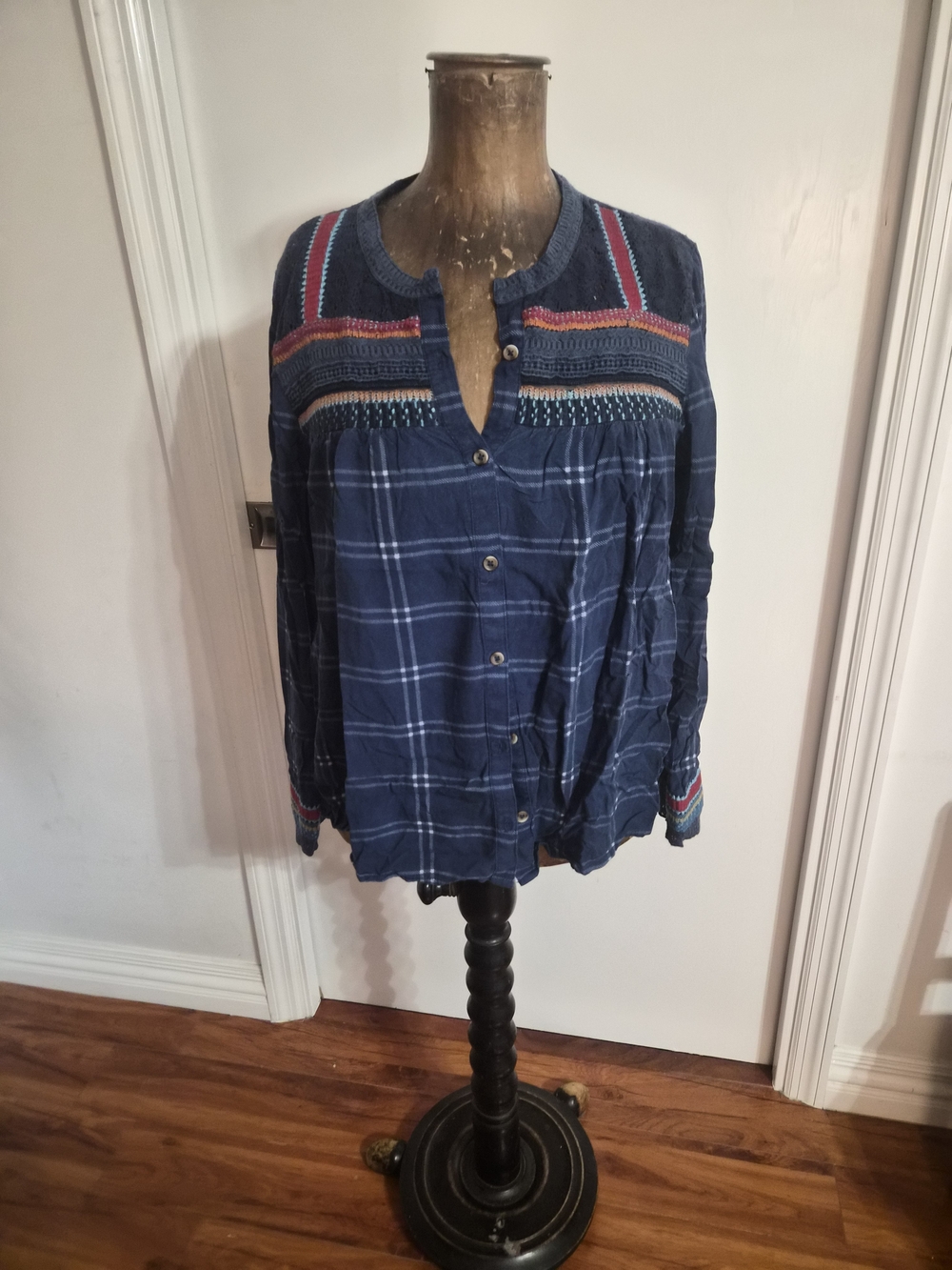 Anthropologie Navy Blue Plaid Button-Front Blouse with Multicolor Embroidery